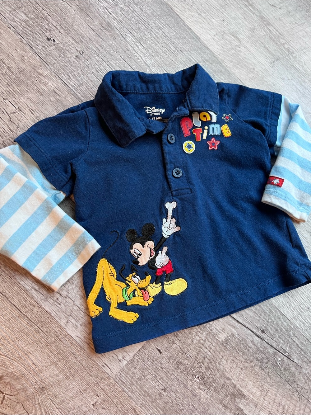 Y2K Disney Navy Polo with Mickey & Pluto Embroidery and Striped Sleeves